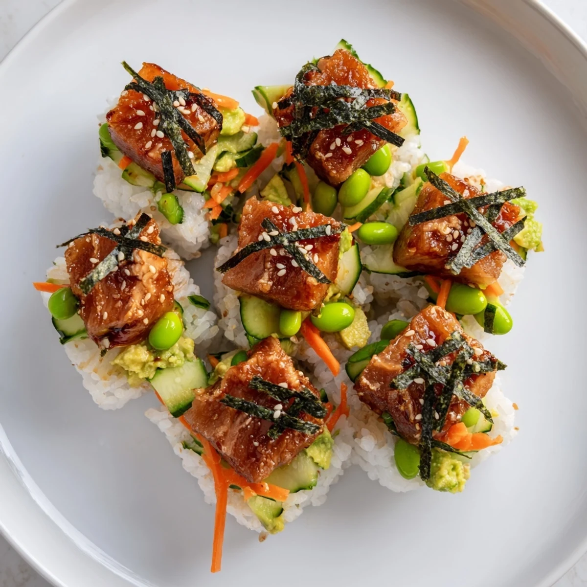 A fresh Spicy Tuna Poke Bowl, with colorful vegetables and a satisfying spicy marinade.