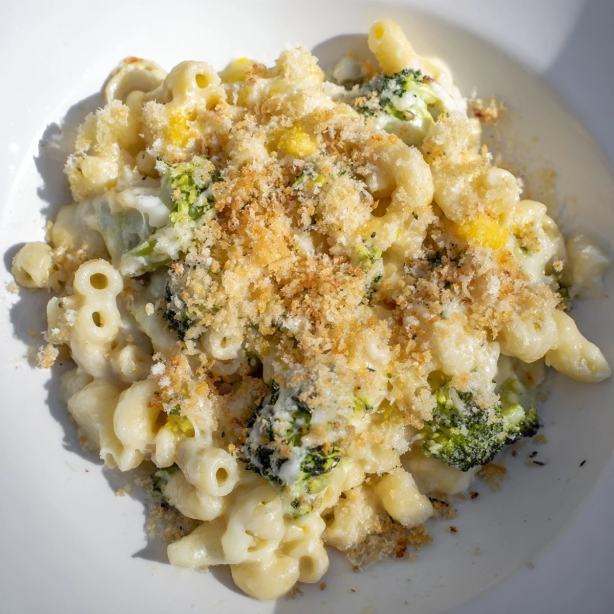 A bubbling, golden-brown baked macaroni and cheese with vibrant broccoli ready to eat.