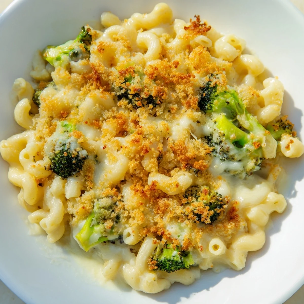 Family-style serving of homemade baked macaroni and cheese showcasing tender broccoli and golden crust.
