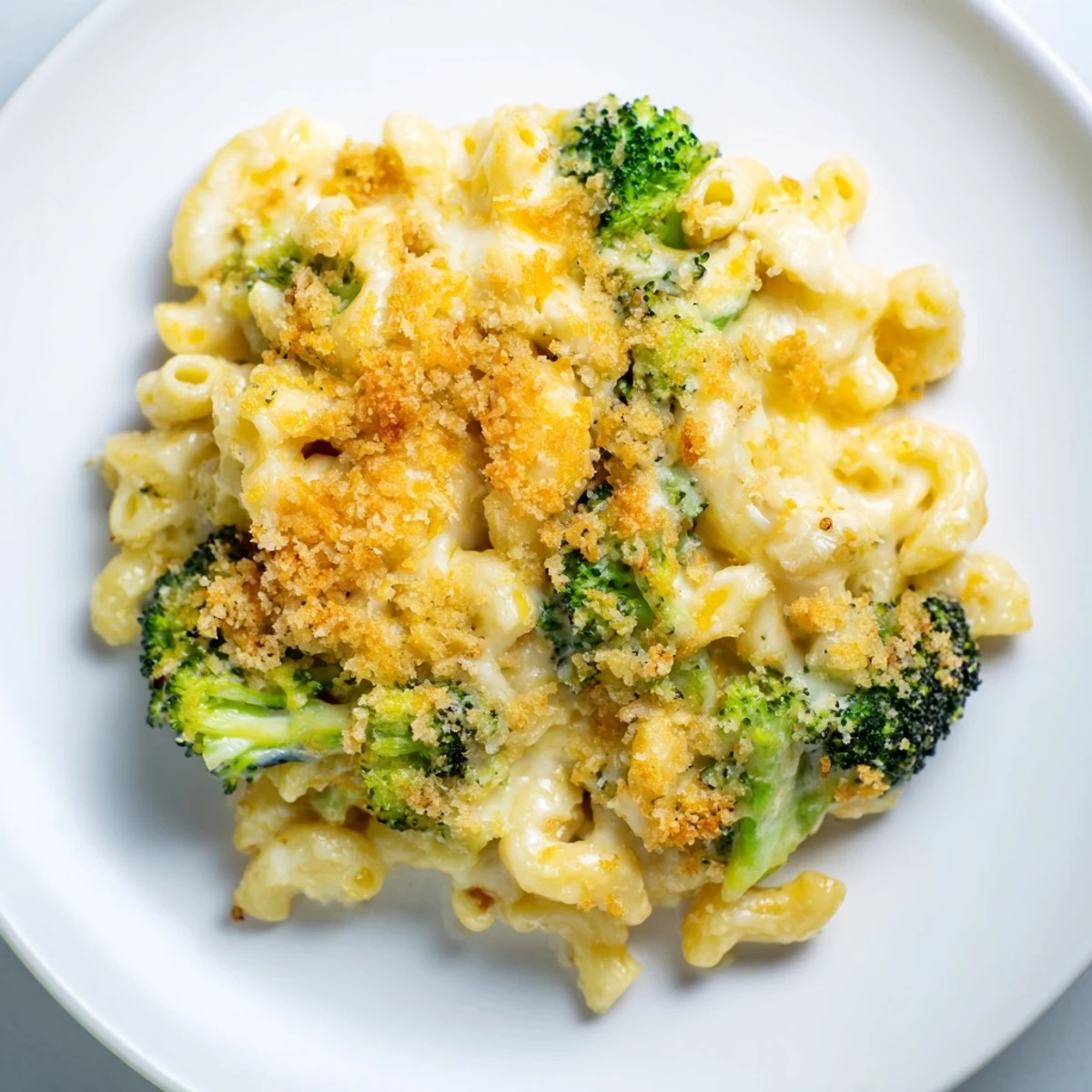 Close-up of creamy, cheesy baked macaroni and cheese with a delectable broccoli topping.