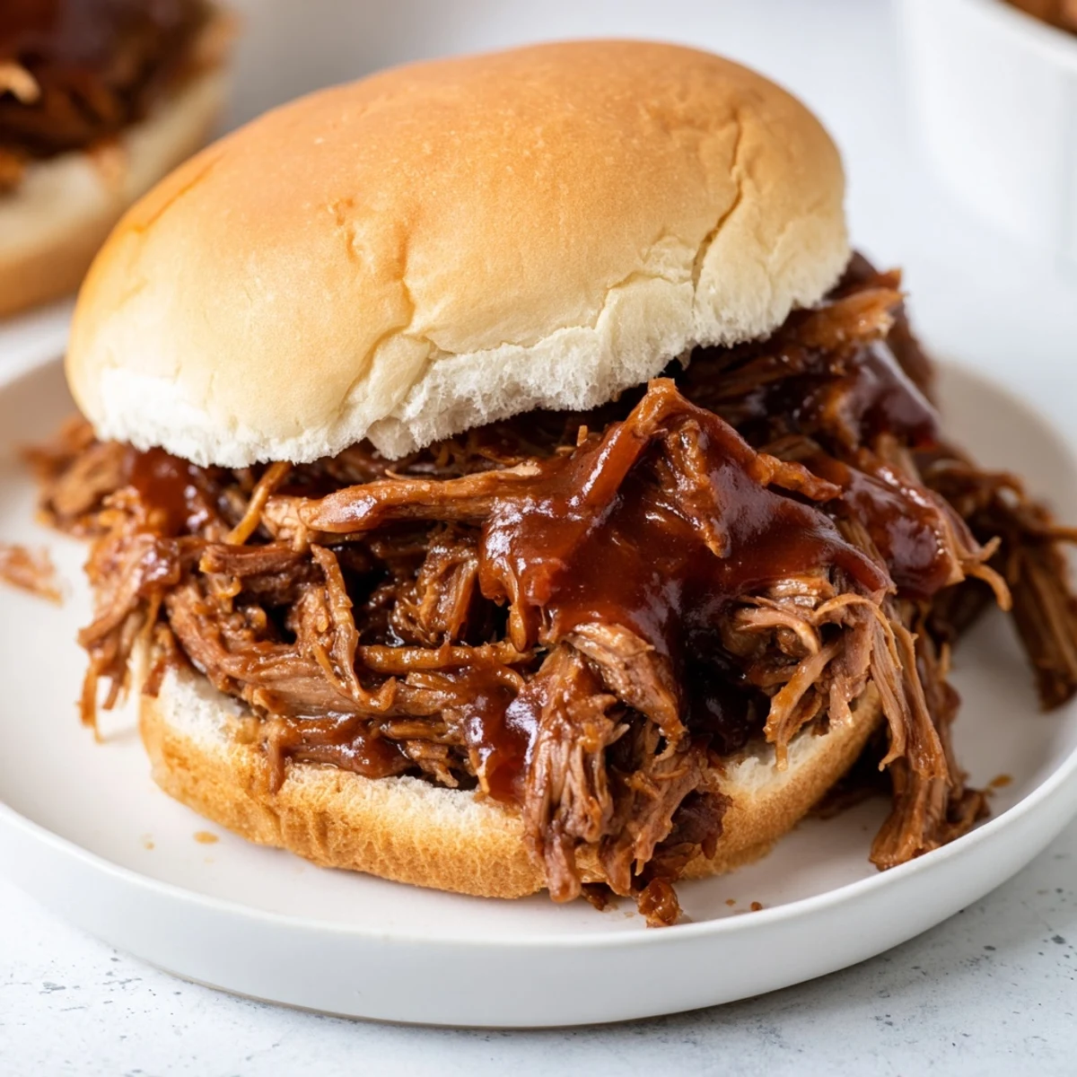 Shredded slow cooker pulled beef sandwiches in a rich sauce, ready to be devoured with sides.