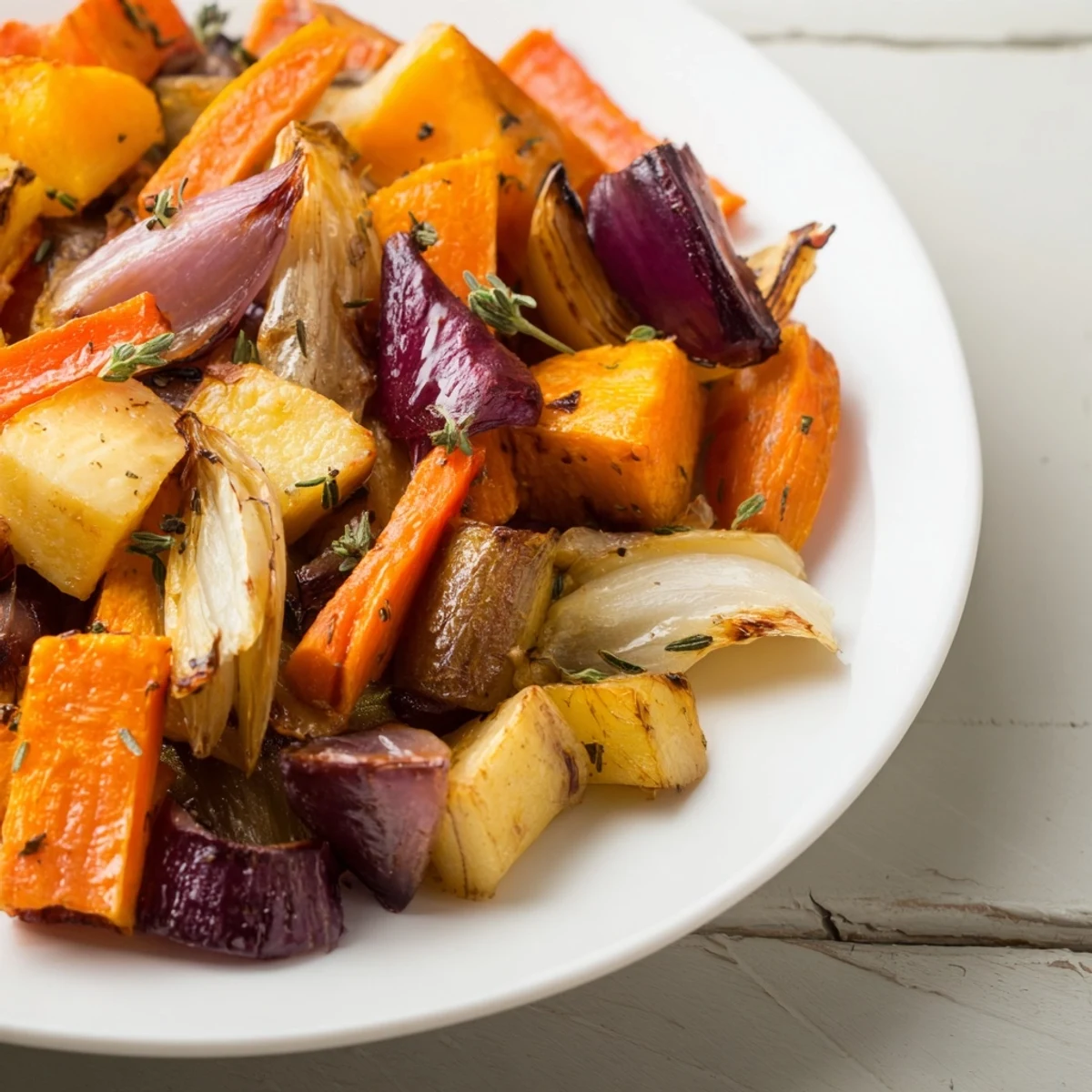Roasted root vegetables with balsamic, featuring colorful roasted veggies with glossy balsamic.
