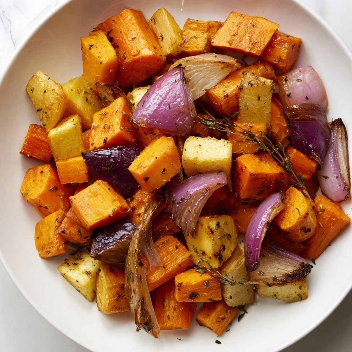 Vibrant image shows tender, caramelized Roasted Root Vegetables with Balsamic glaze, ready to serve.
