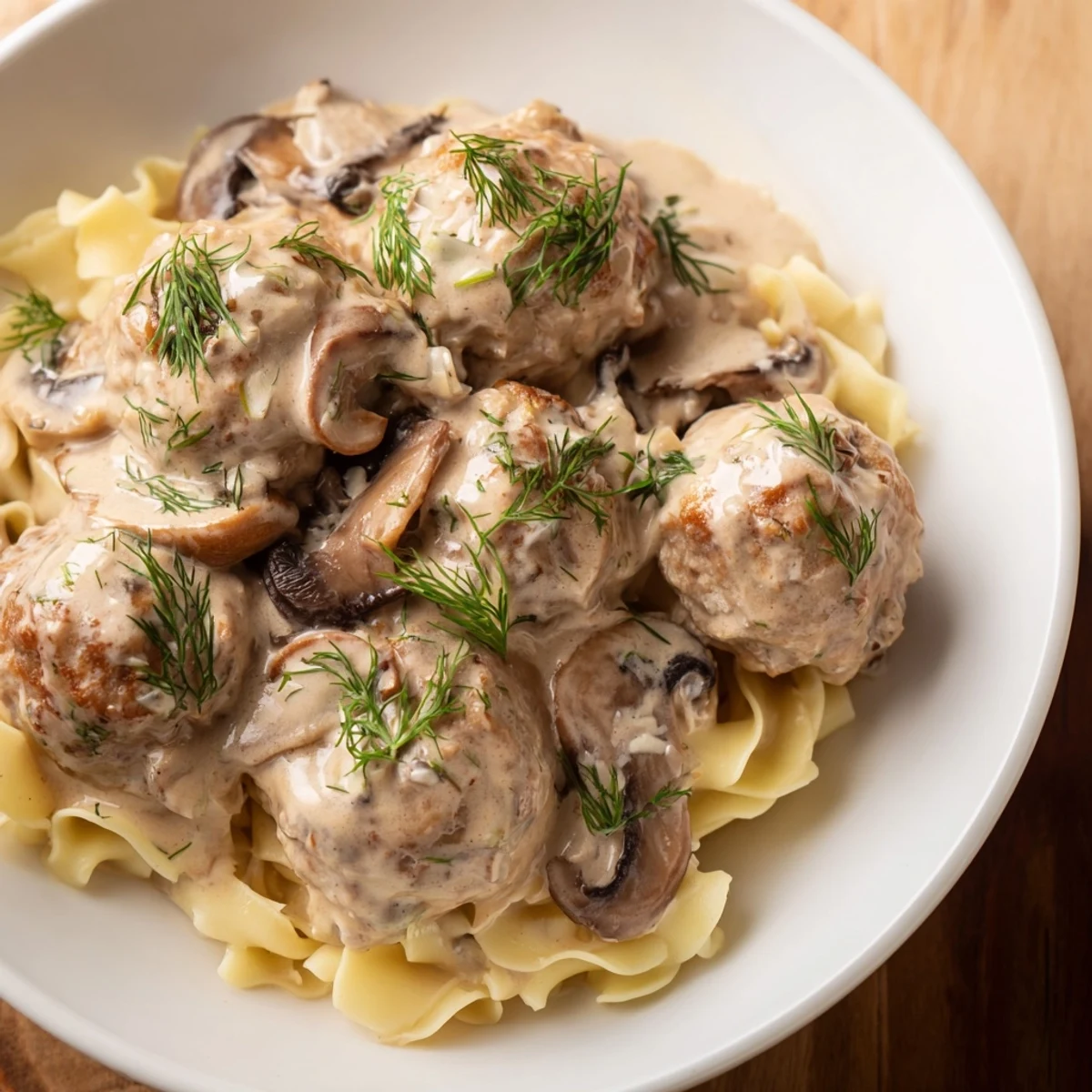 Tender turkey meatball Stroganoff, with creamy mushroom sauce and egg noodles, perfect for dinner.