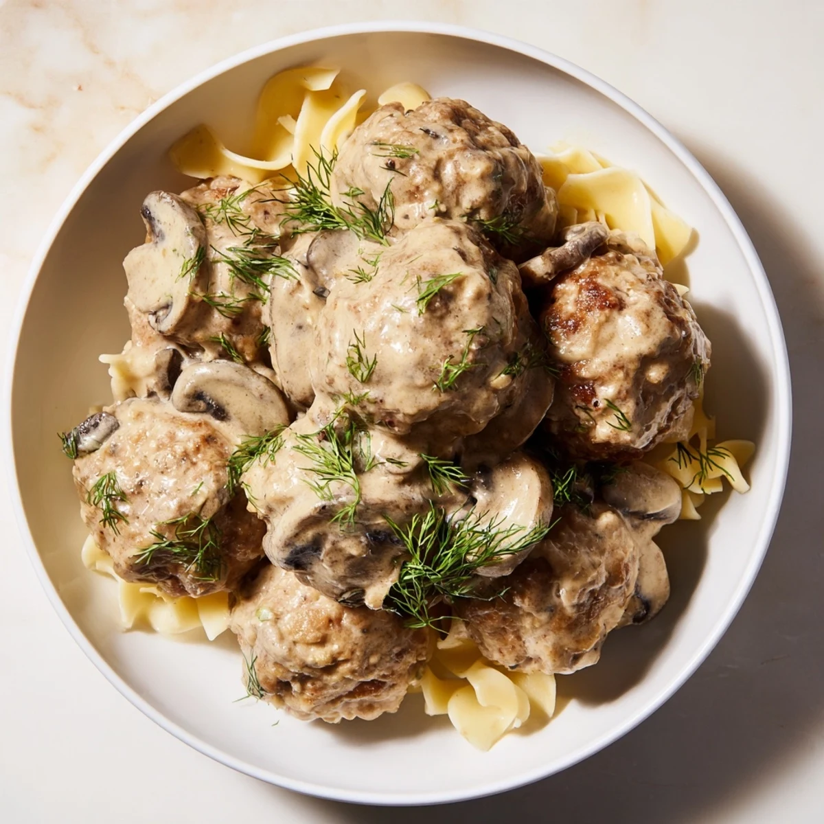 Close-up of hearty Turkey Meatball Stroganoff, showcasing the rich sauce and tender meatballs.