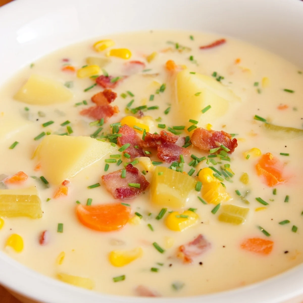 Rich, golden Creamy Corn and Potato Chowder, a comforting bowl of soup with chunks of potato.