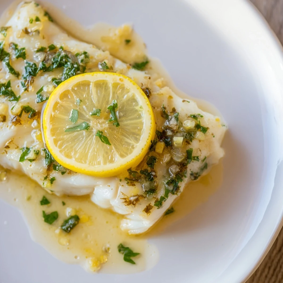This baked halibut with lemon butter shows flaky white fish with a vibrant, zesty sauce on a plate.
