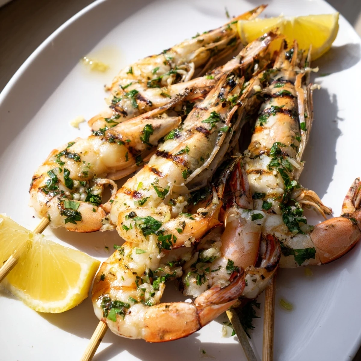 Saftige Lemon Garlic Shrimp Skewers, auf dem Grill goldbraun gebraten und köstlich duftend.