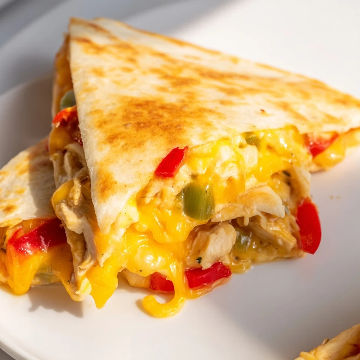 Saftige Chicken Quesadillas mit geschmolzenem Käse und buntem Gemüse, serviert heiß.