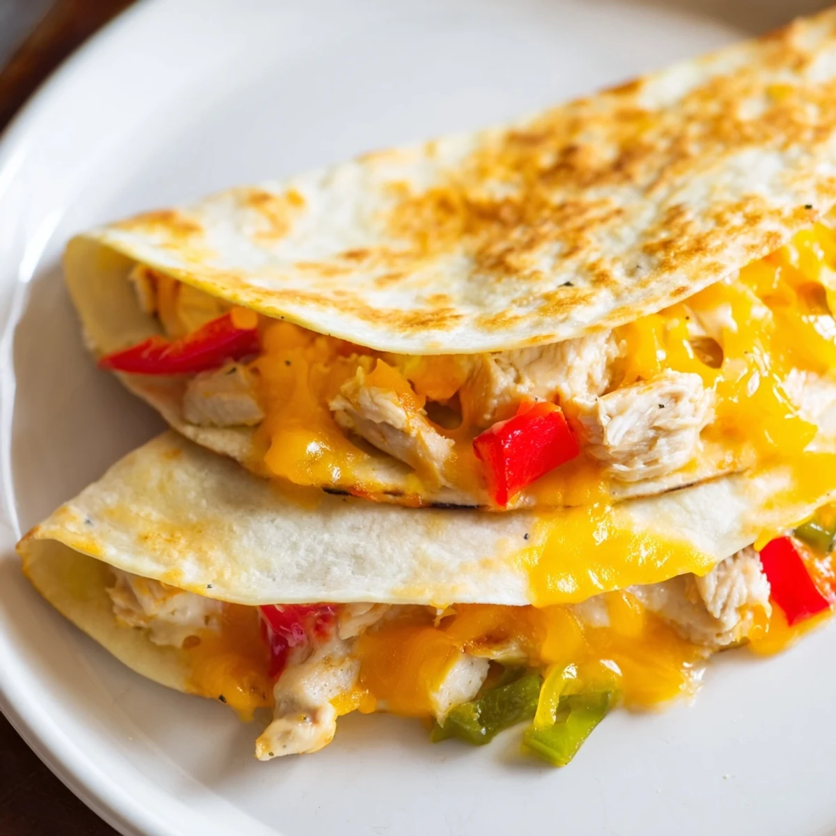 Knusprige Chicken Quesadillas mit Paprika, Zwiebeln und geschmolzenem Käse, perfekt zum Teilen.