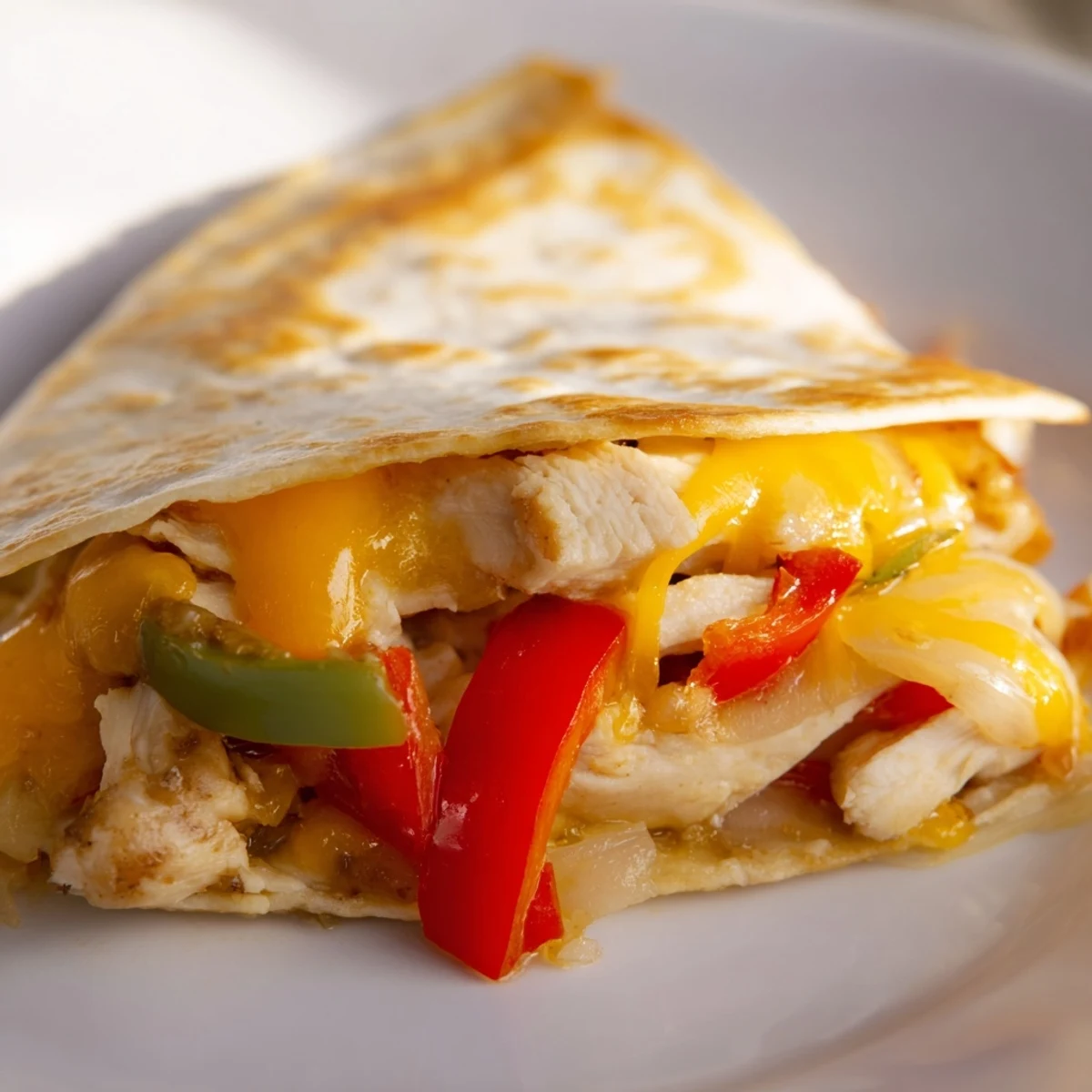 Goldbraune Chicken Quesadillas, gefüllt mit pikantem Hähnchen und Paprika, bereit zum Genießen.