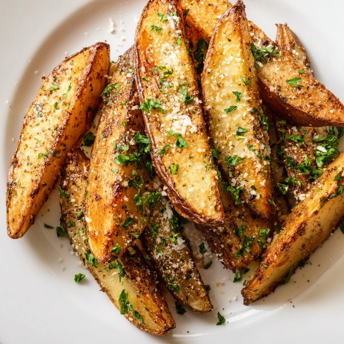 Golden-brown crispy oven-baked potato wedges, seasoned and ready to eat as side dish.