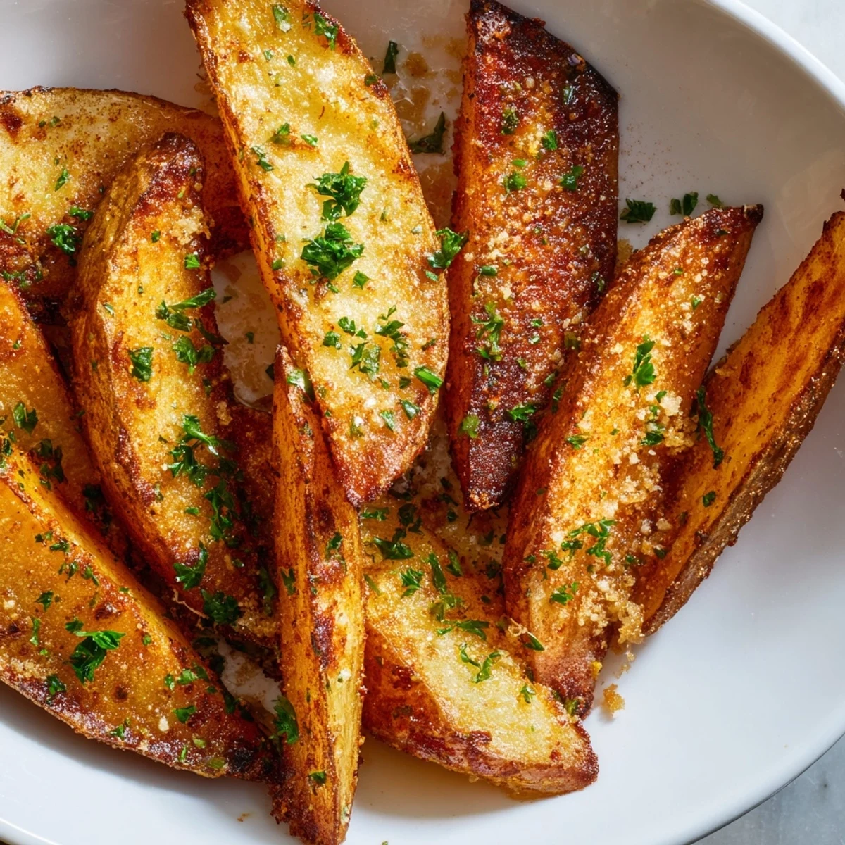 Close-up of baked potato wedges showing their delicious, crunchy, golden exterior, excellent for dipping.