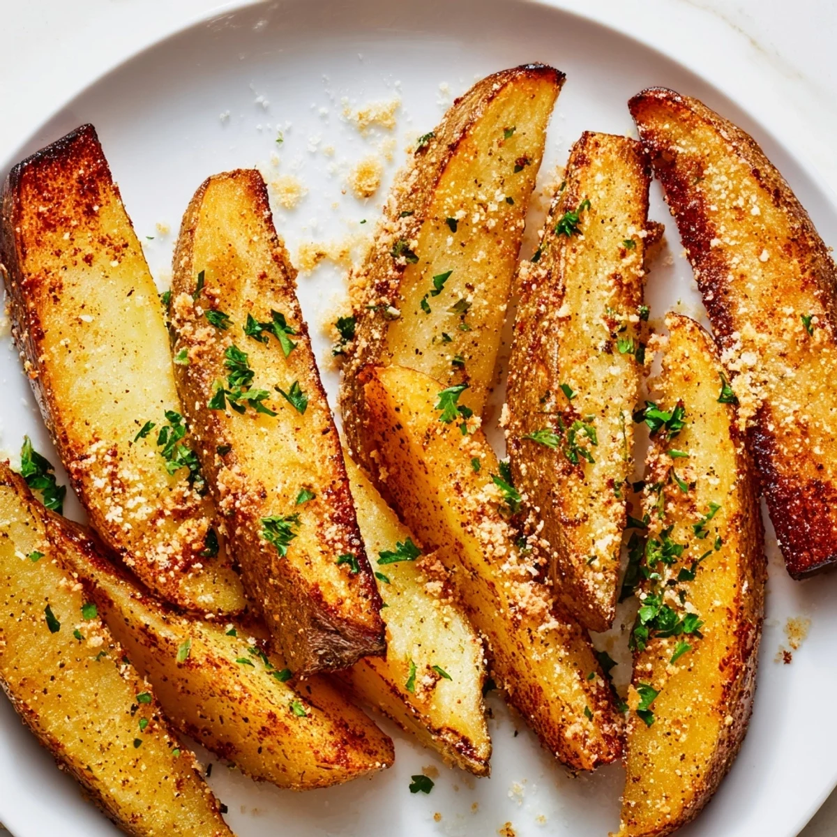 Oven-baked potato wedges, a simple American recipe, served hot with optional fresh parsley garnish.