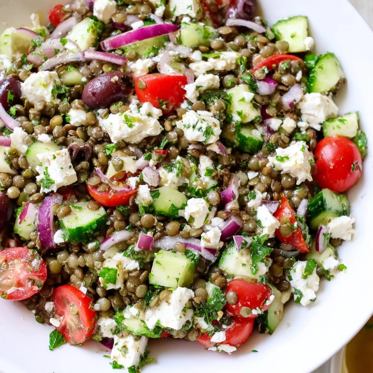 A healthy Mediterranean lentil salad with feta, bursting with fresh, colorful vegetables ready to enjoy.