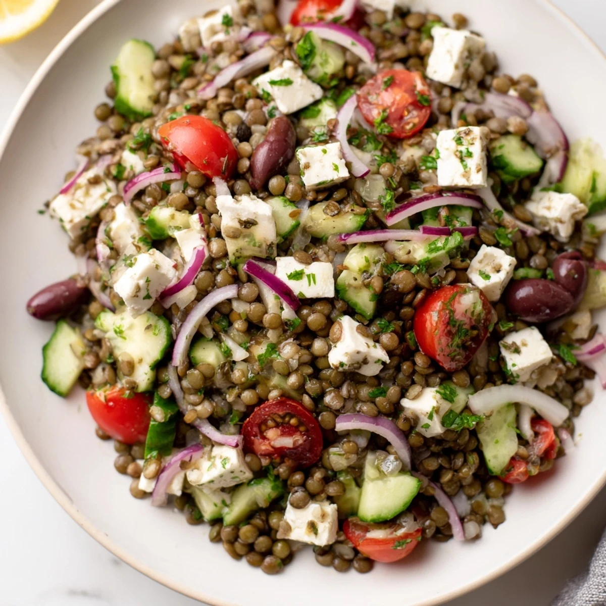 This Mediterranean lentil salad features crumbled feta and a bright lemon dressing, perfect for lunch.
