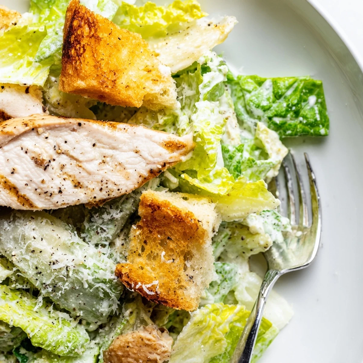 A close-up of Chicken Caesar Salad with Homemade Garlic Croutons topped with creamy dressing on a dark plate.