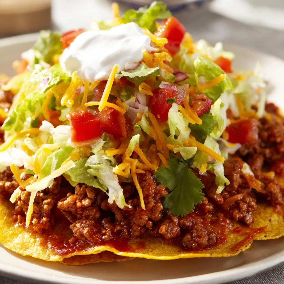 Freshly prepared Beef Tacos with Homemade Taco Seasoning topped with sour cream, cilantro, and lime wedges.