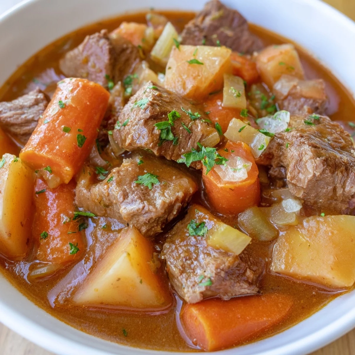 Saucy Slow Cooker Beef Stew with Carrots and Potatoes, tender chunks in rich gravy.
