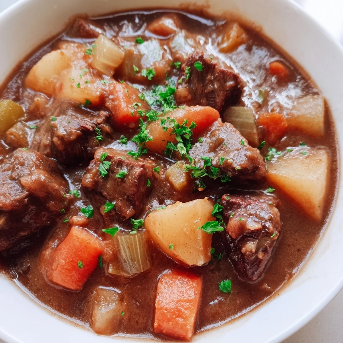 Homestyle American beef stew with carrots and potatoes, slow-cooked until fork tender.