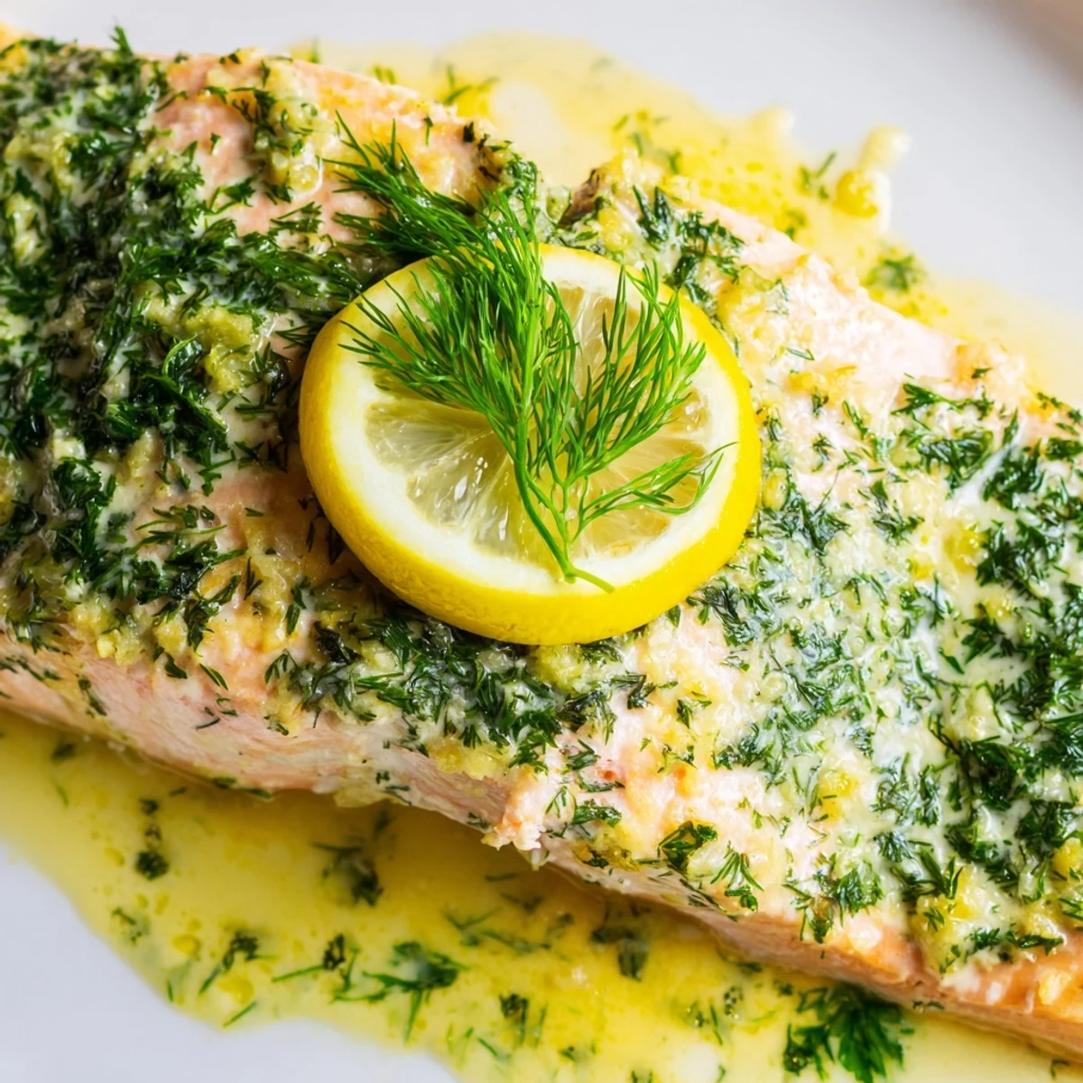 Zarter, flakiger Lachs mit frischem Dill und einer hellen Zitronenbutter-Sauce auf einem weißen Teller, serviert mit frischen Zitronenscheiben und Kräutern.