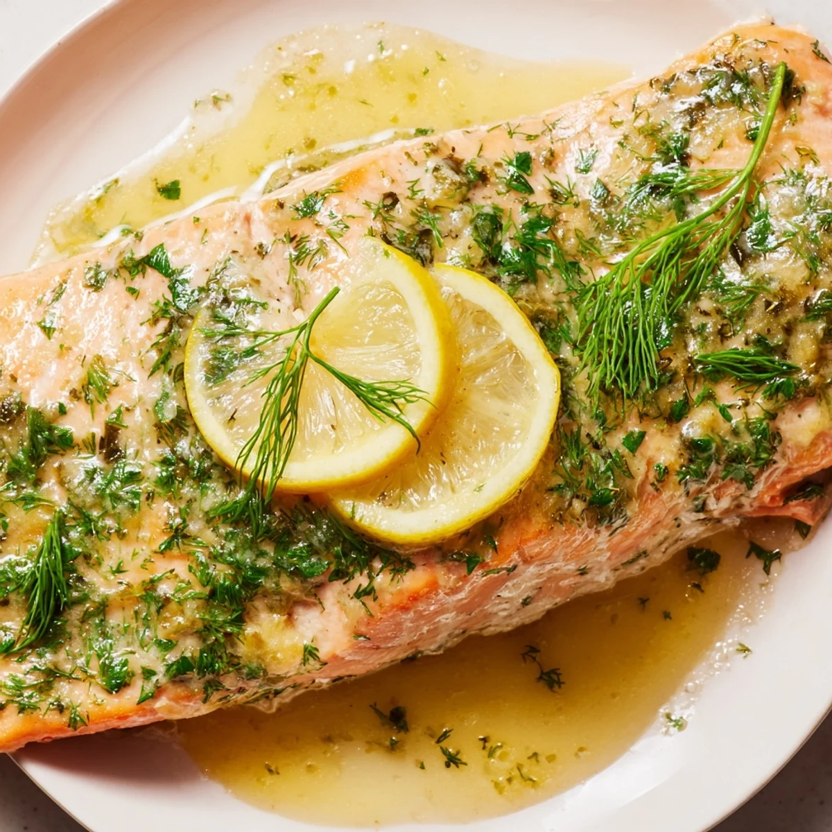 Gebackener Lachs mit Dill und Zitronenbutter-Sauce, goldbraun gebacken und mit einer cremigen, aromatischen Sauce übergossen, ideal für ein elegantes Abendessen.