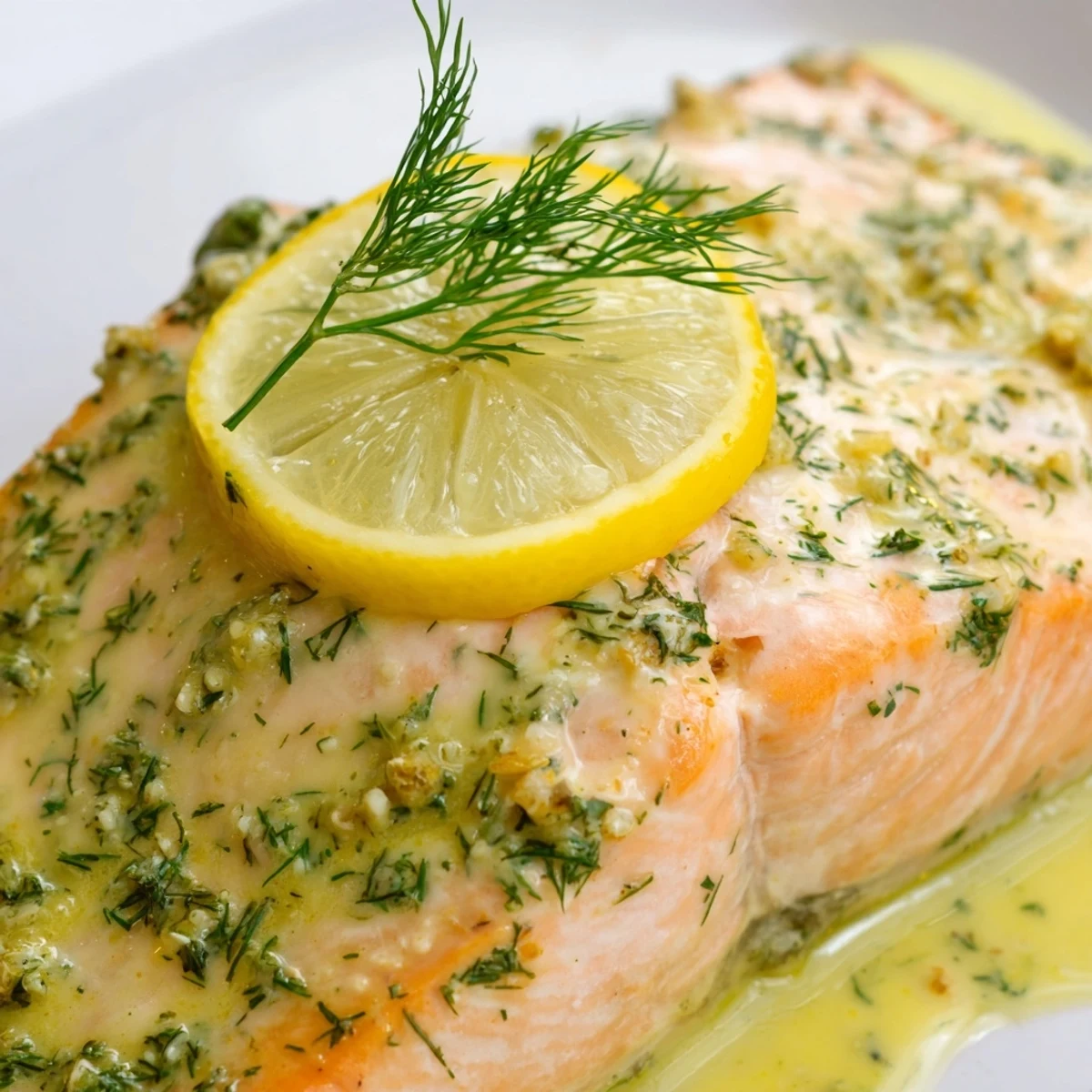Saftiger Lachs aus dem Ofen mit knusprigen Kanten, begleitet von einer glänzenden Zitronenbutter-Sauce und Dill, perfekt für eine schnelle und raffinierte Mahlzeit.