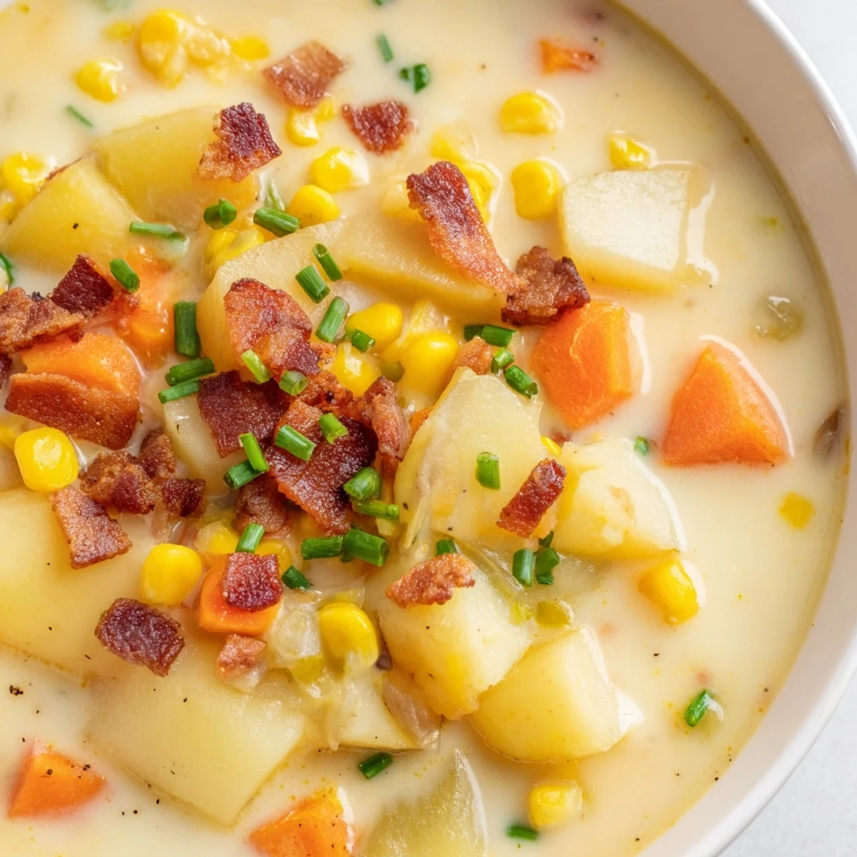 Hearty Creamy Corn Chowder with Turkey Bacon Bits served alongside crusty bread, perfect for a cozy lunch.