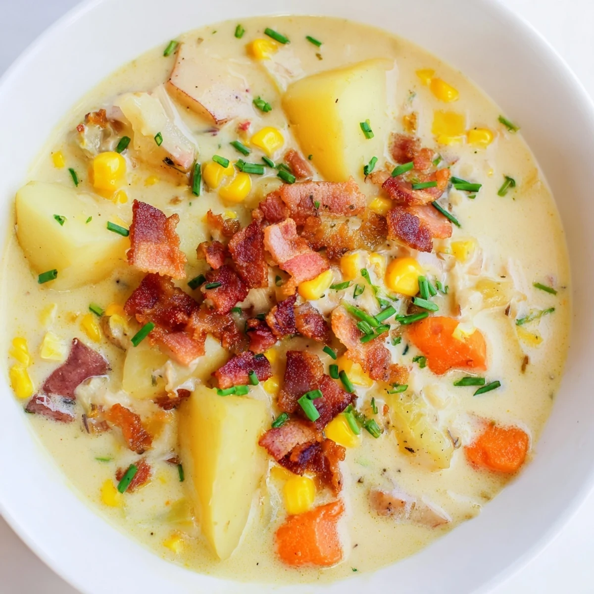 Spoon lifting velvety Creamy Corn Chowder with Turkey Bacon Bits, revealing tender potatoes and sweet corn kernels.