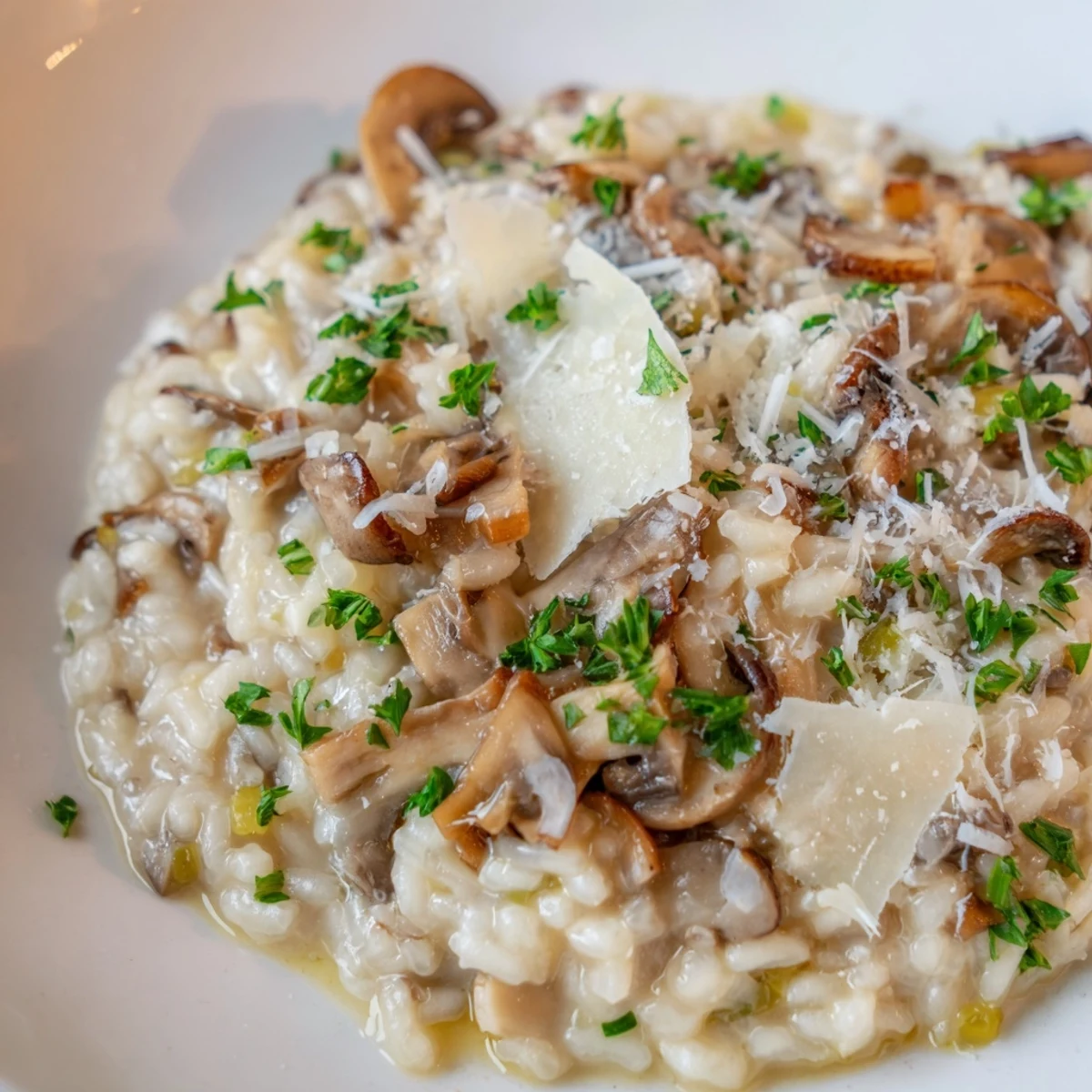 Creamy Mushroom Risotto with Truffle Oil Drizzle served steaming in a shallow bowl with fresh parsley garnish and a glass of Pinot Grigio.