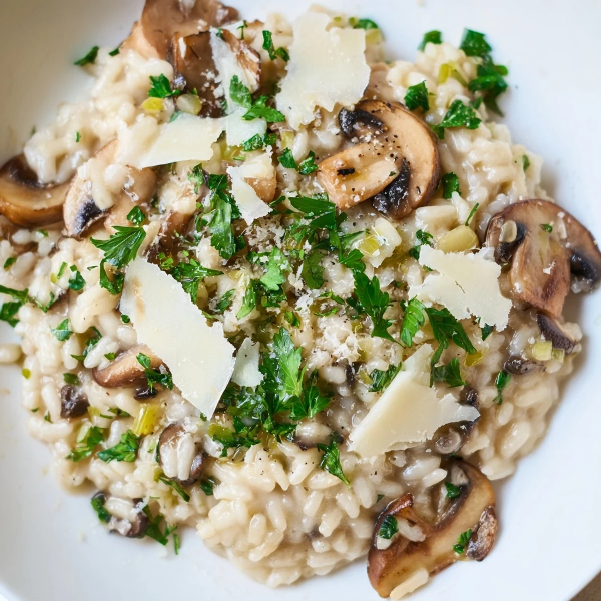 A close-up of Mushroom Risotto with Truffle Oil Drizzle, showcasing golden mushrooms and silky Parmesan, perfect for an elegant weeknight dinner.