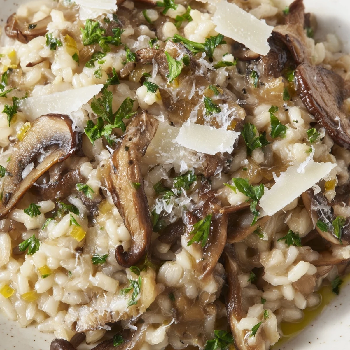 Rich Mushroom Risotto with Truffle Oil Drizzle plated beside rustic bread, highlighting earthy aromas and luxurious texture for comfort food lovers.