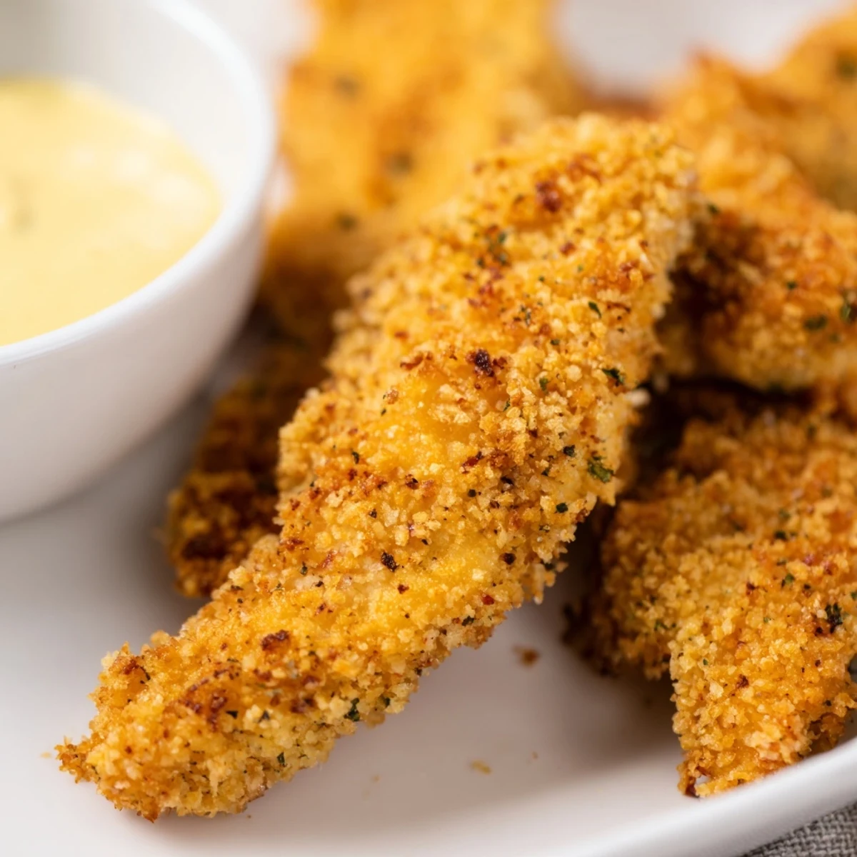 Oven-baked Crispy Baked Chicken Tenders with Honey Mustard served with a ramekin of tangy sauce for dipping.
