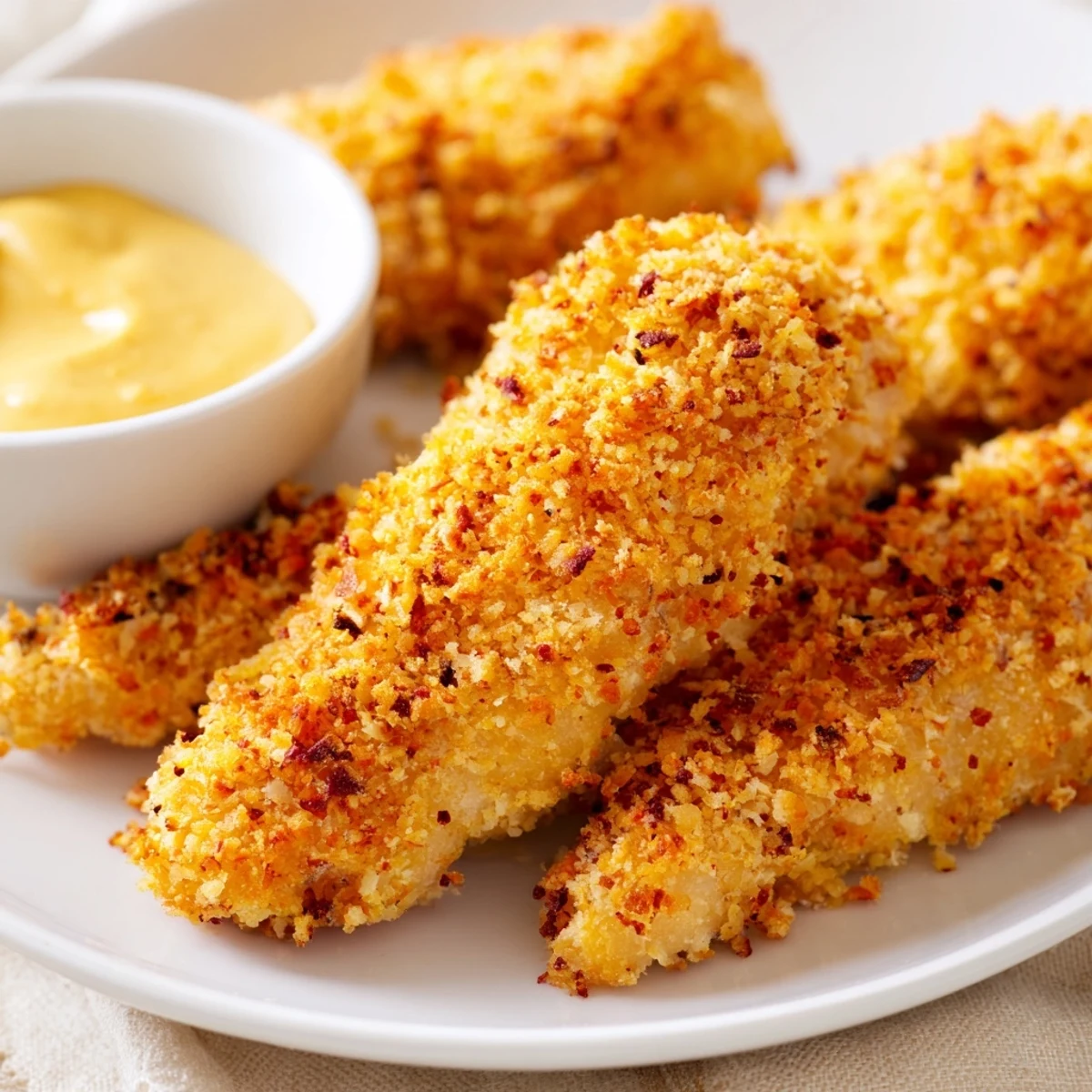Family-style platter of Crispy Baked Chicken Tenders with Honey Mustard beside a crisp green salad and lemon wedges.