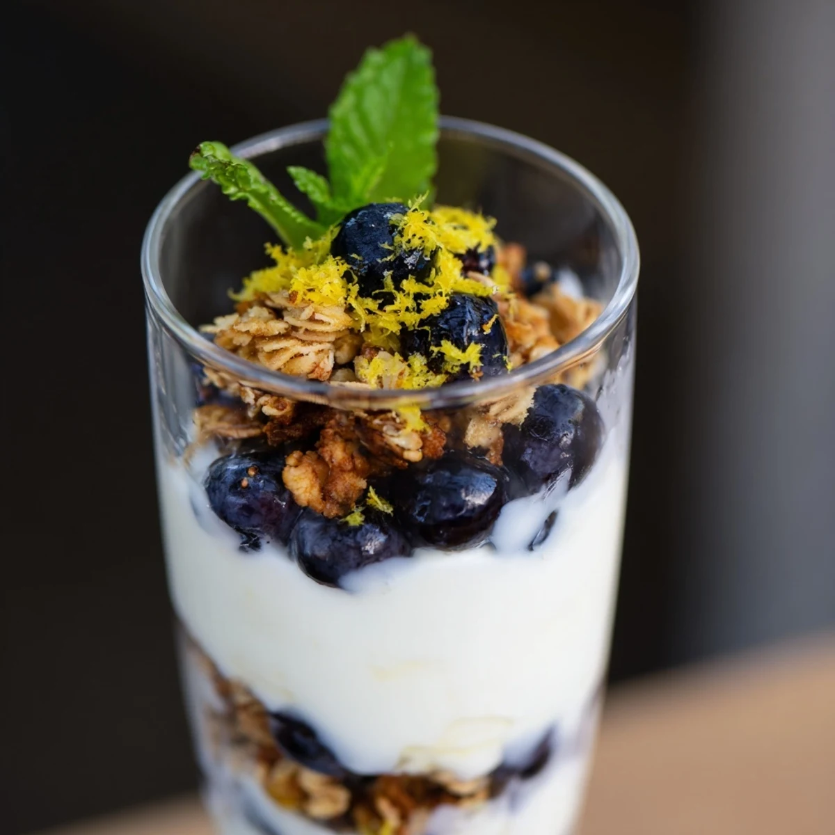 Genussvoller Löffel Lemon Blueberry Yogurt Parfait: cremiger Joghurt, saftige Beeren und knuspriges Granola.