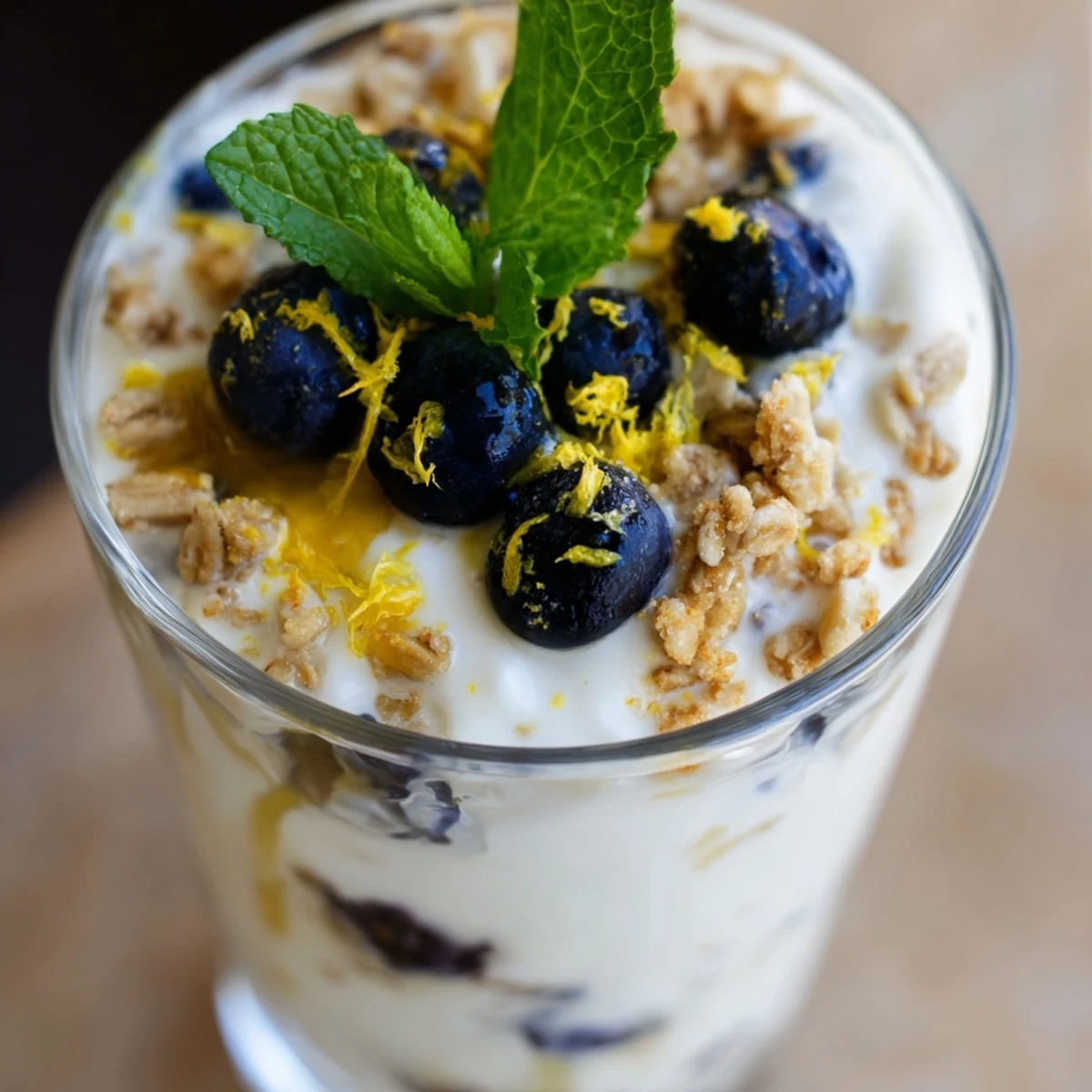Frisch zubereiteter Lemon Blueberry Yogurt Parfait mit blauen Beeren und leuchtender Zitronennote.