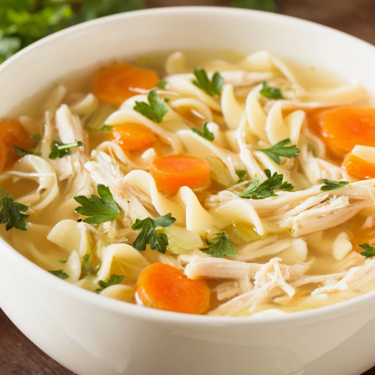 Cozy bowl of Chicken Noodle Soup with Egg Noodles served with crusty bread for dipping.