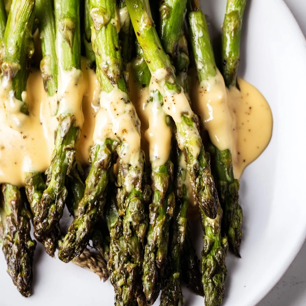 Tender roasted asparagus spears topped with rich Hollandaise on a white plate, ideal for spring meals.