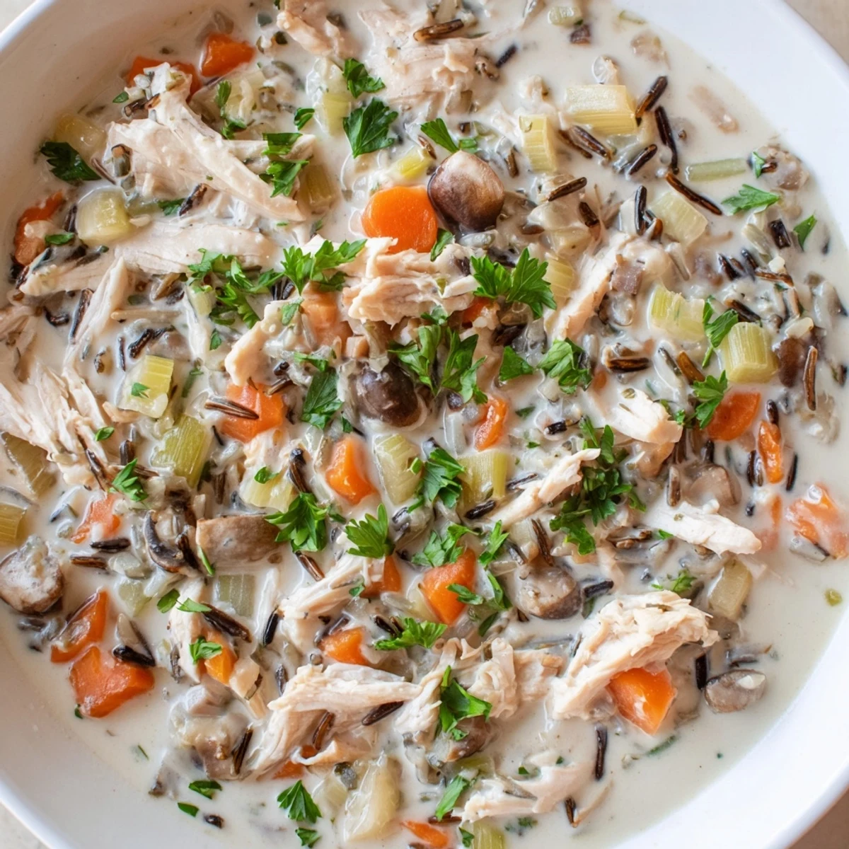 Creamy Chicken and Wild Rice Soup with Cream in a rustic bowl, steaming, garnished with fresh parsley.