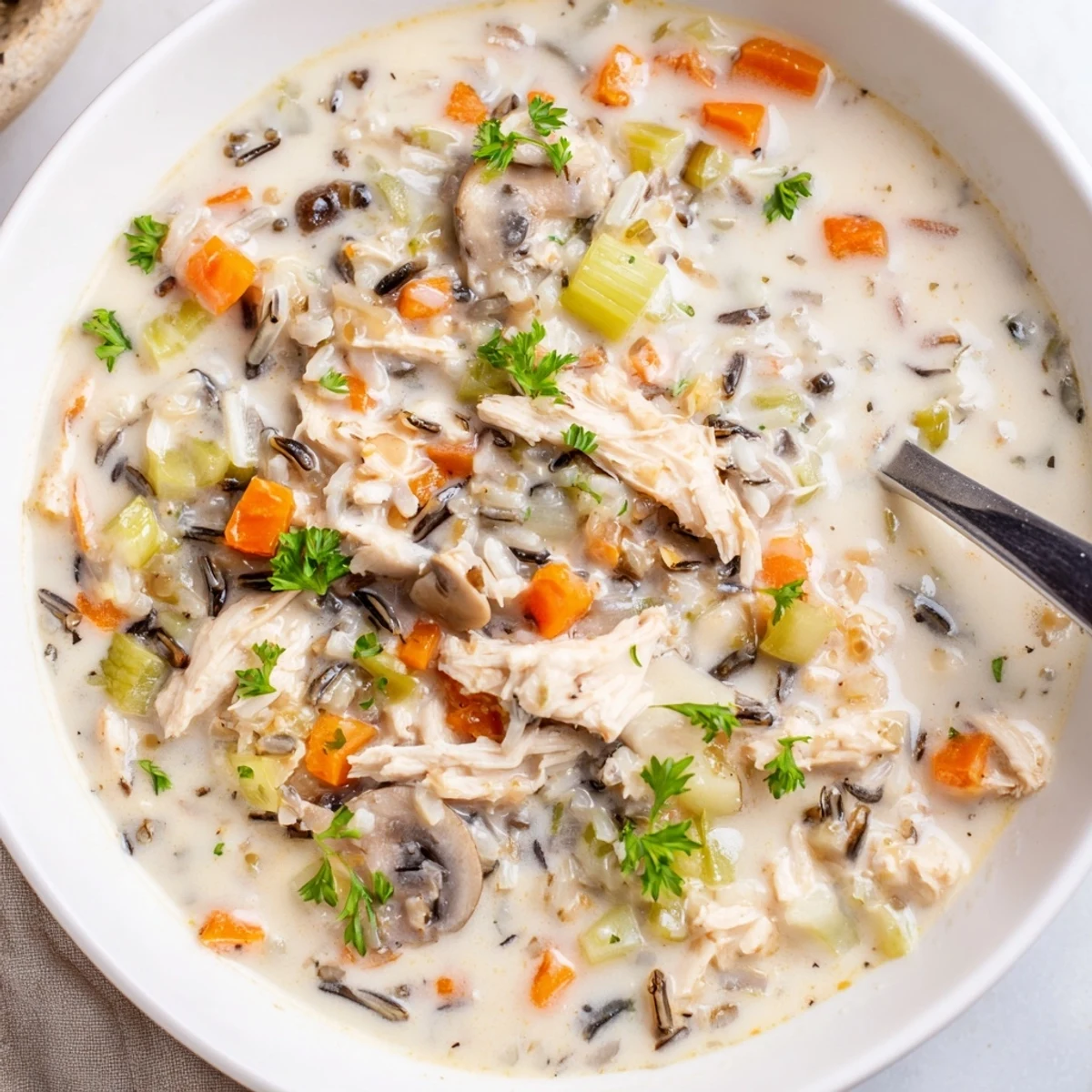 Serve Creamy Chicken and Wild Rice Soup with Cream alongside crusty bread for a comforting dinner.