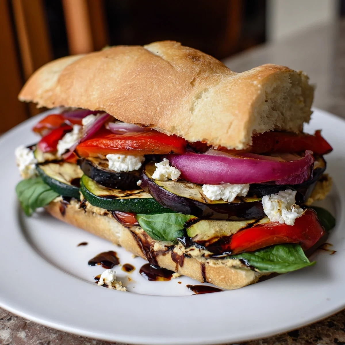 Grilled Vegetable Panini with Hummus auf Ciabatta, belegt mit gegrilltem Zucchini und Paprika, perfekt für ein Sommerpicknick.