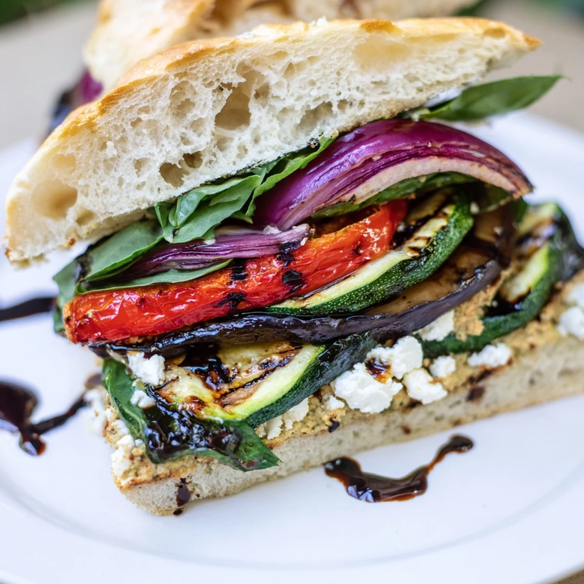 Diese vegetarische Panini-Rezeptur zeigt goldbraun gegrilltes Gemüse und cremige Hummus-Füllung zwischen knusprigen Ciabatta-Hälften.