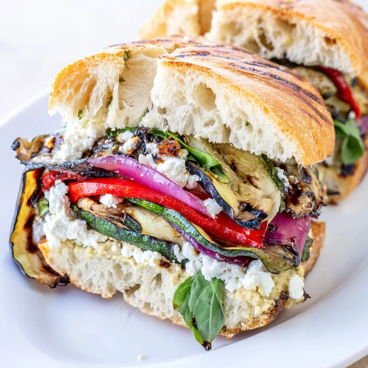 Genieße den Grilled Vegetable Panini with Hummus warm mit Babyspinat und Basilikum, ideal für schnelle Mittagsgerichte.