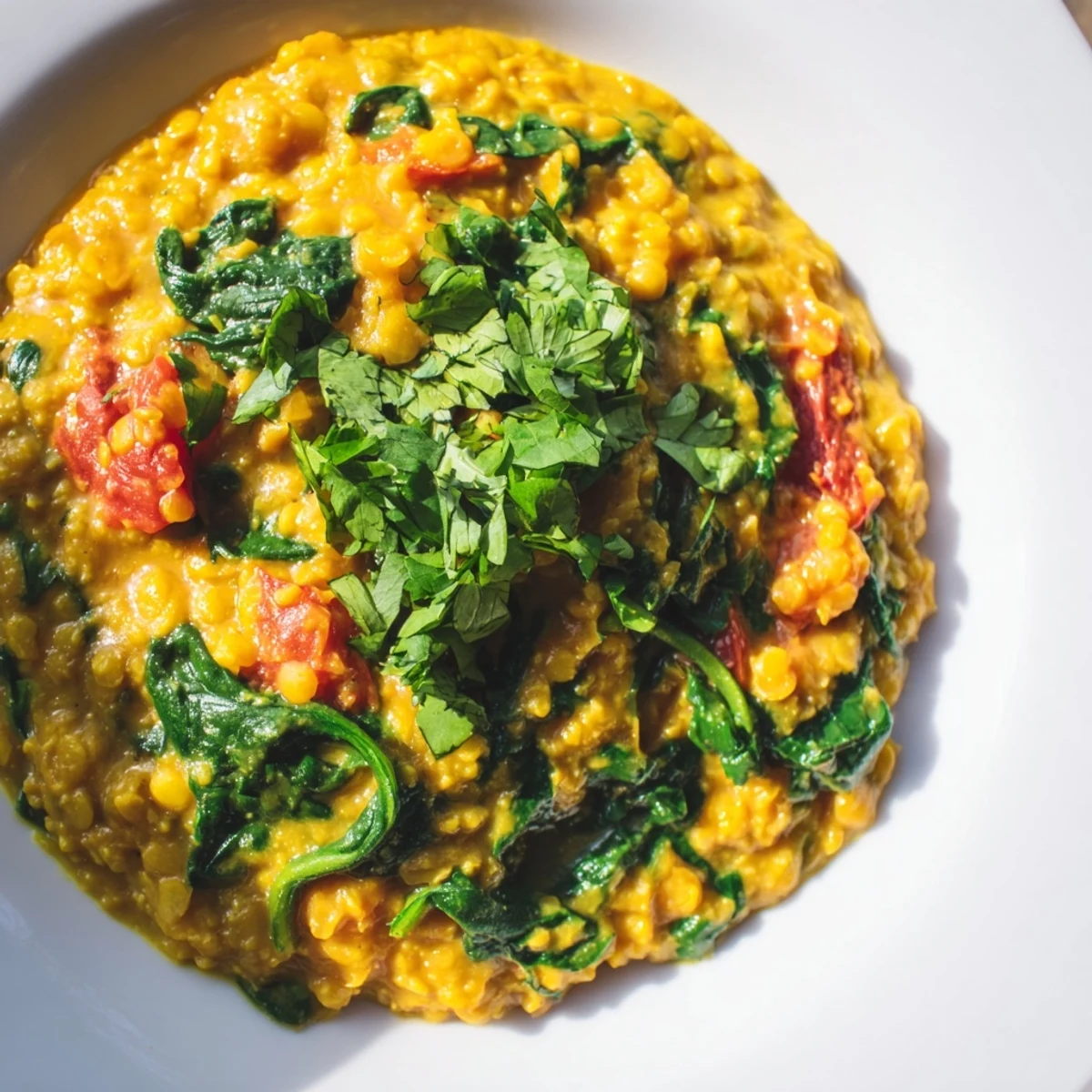 Dampfendes Savory Lentil and Spinach Dahl in einer Schüssel, garniert mit Koriander und Zitronenspalten.