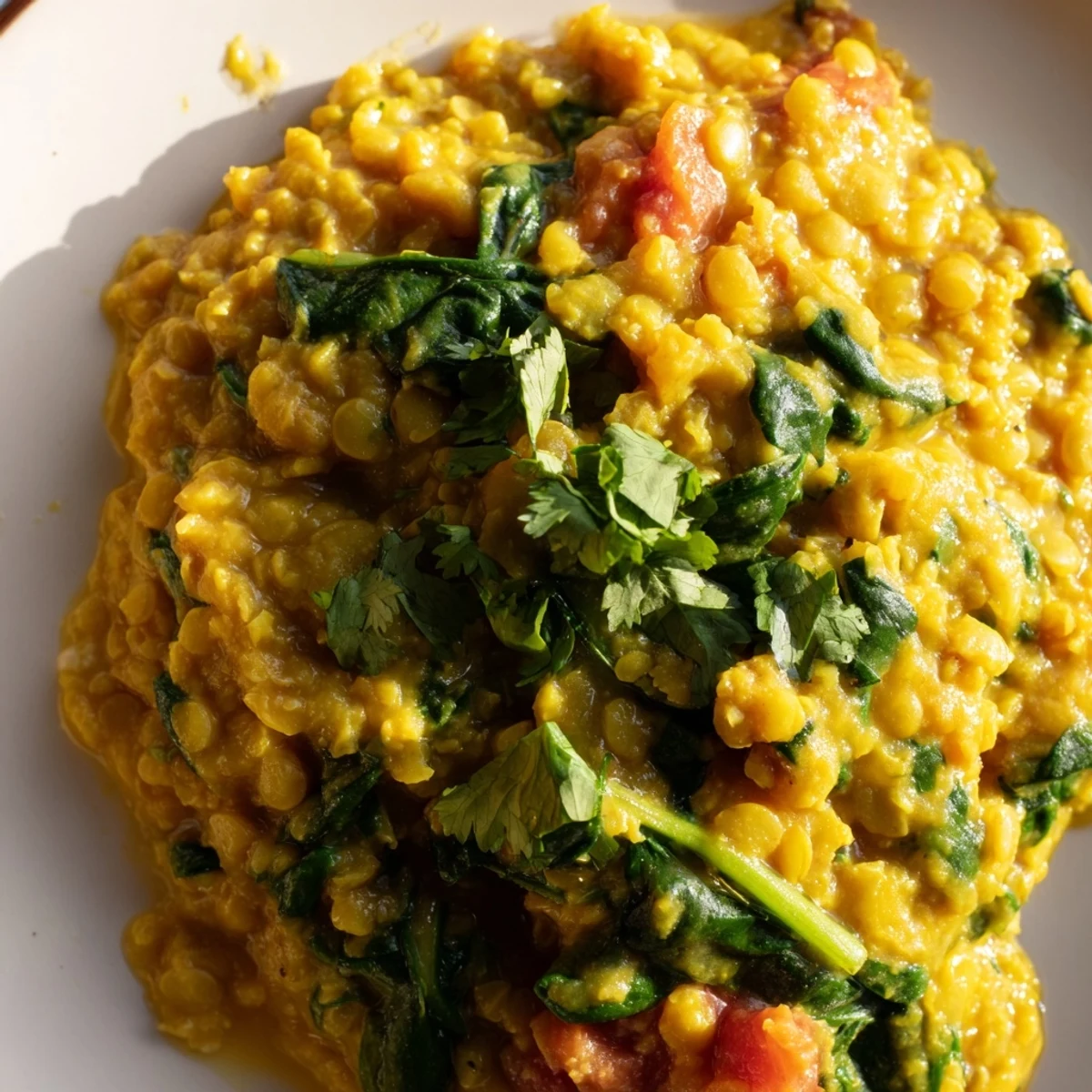 Löffel voller Savory Lentil and Spinach Dahl neben einer Tasse basmatireis auf einem Holztisch.