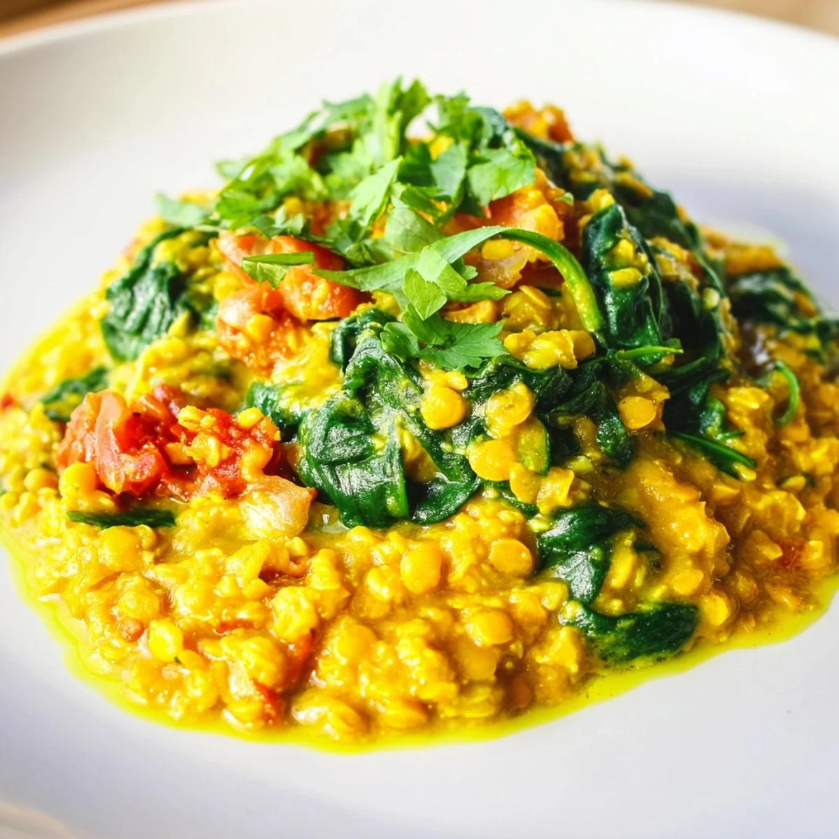 Würziger Topf mit Savory Lentil and Spinach Dahl und frisch gewelktem Spinat, servierbereit.