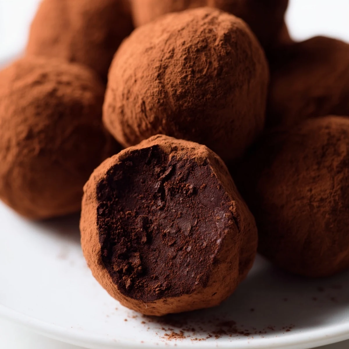 Dark Chocolate Truffles with Cocoa Powder rolled into balls, dusted in cocoa powder, served as an elegant, bittersweet dessert treat.