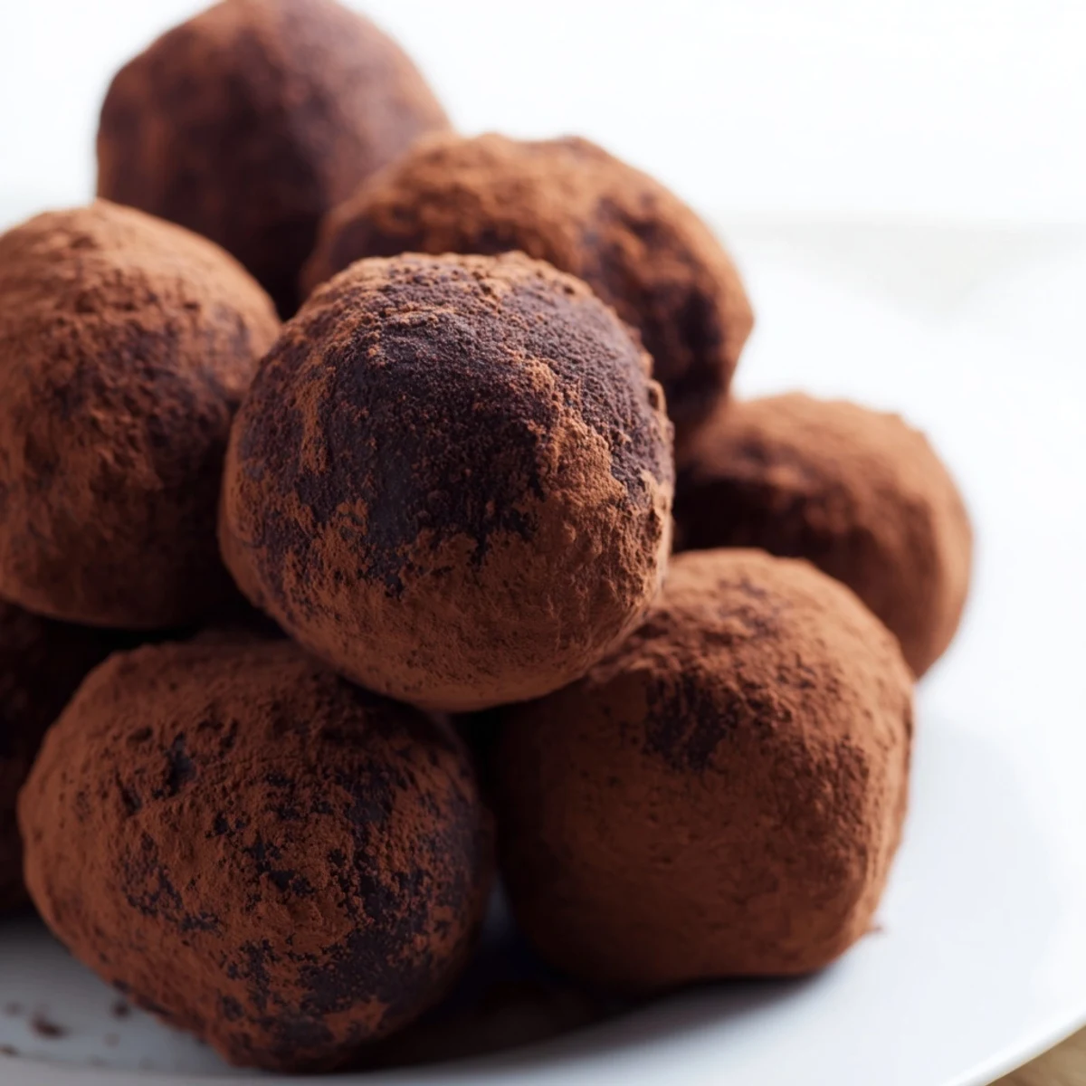 Silky homemade Dark Chocolate Truffles with Cocoa Powder on a plate, ready to be served after a luxurious chilling period.