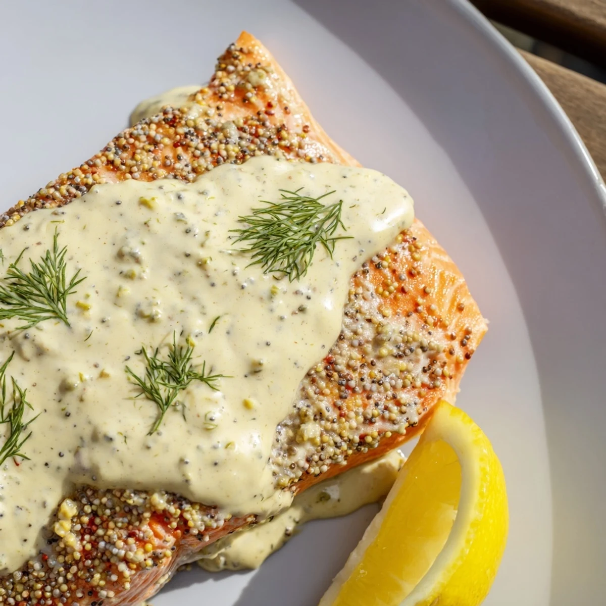 Golden-baked salmon fillet topped with creamy dill and mustard sauce, served with lemon wedges and fresh herbs.