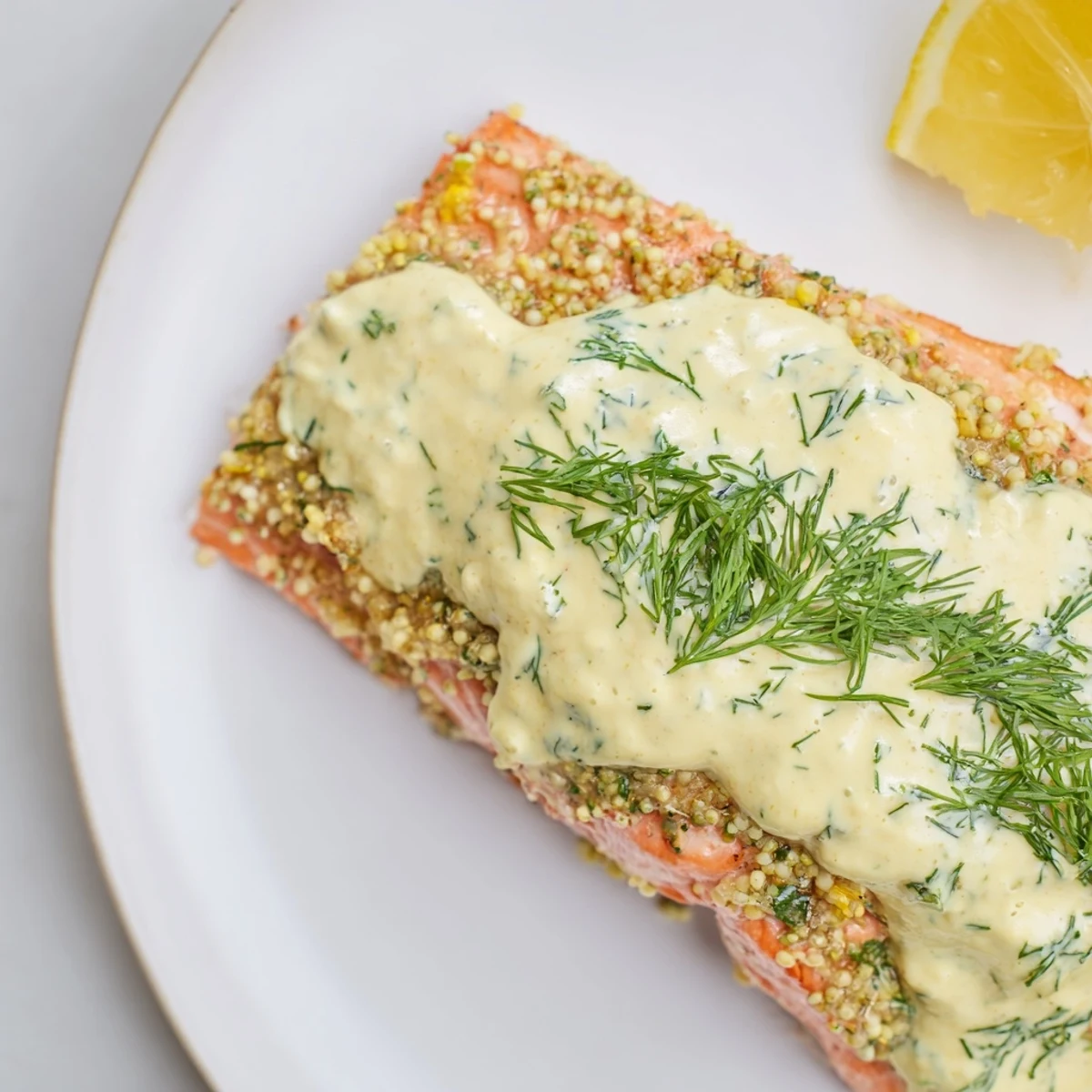 Juicy oven-roasted Baked Salmon with Dill and Mustard Sauce, ready to serve alongside roasted potatoes and steamed vegetables.